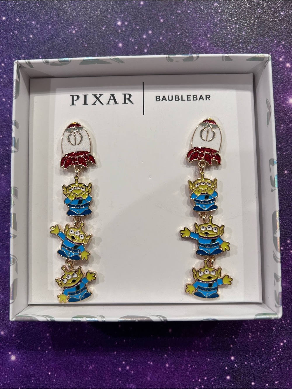NIB BaubleBar Pixar Toy Story Alien Rocket ship Drop Earrings